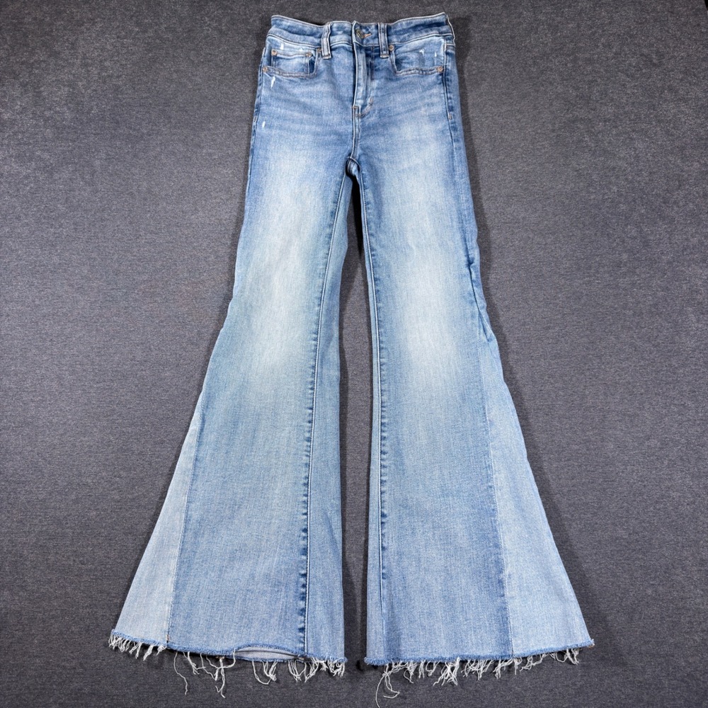 American Eagle Festival Flare Jeans Womens 00 Blue Stretch Raw Hem Boho Mom